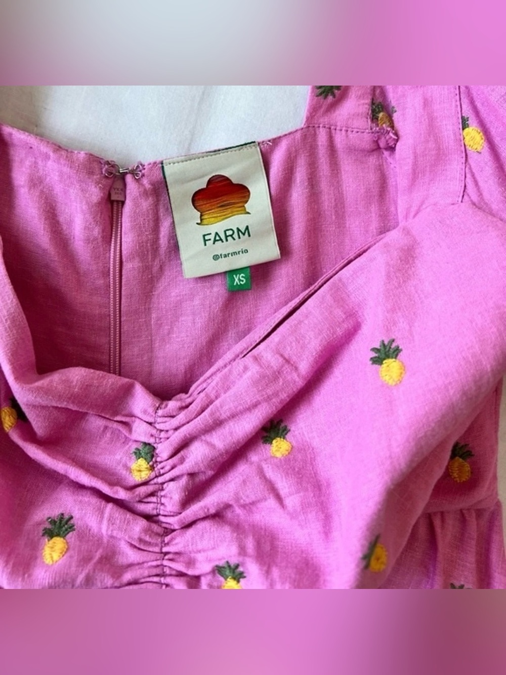 Farm Rio Embroidered Pineapple Pink Linen Midi Dress. Worn Only Once - Picture 7 of 7